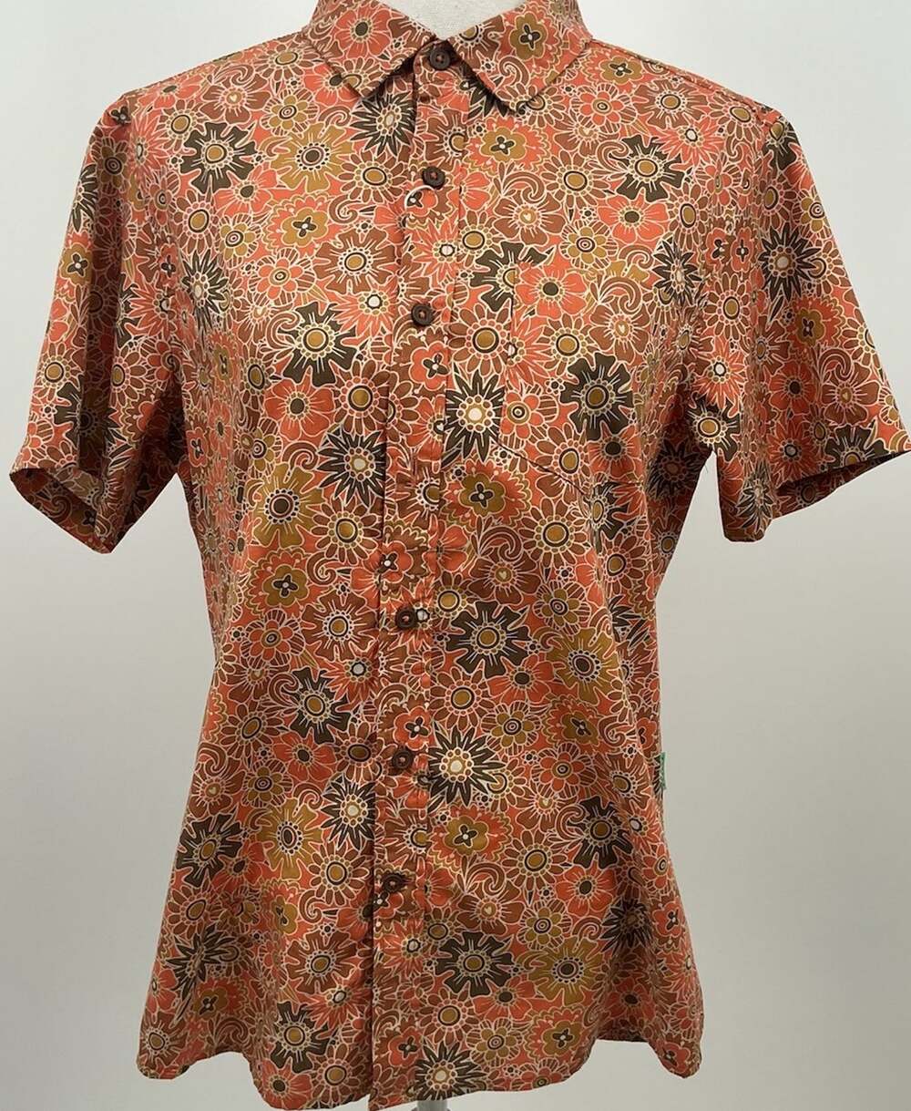Vissla Mens S Orange Brown Floral Short Sleeve Button Up Hawaiian Surf Shirt